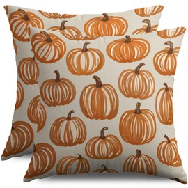 Fall Pillow Covers 18X18 Set of 2, Burnt Orange Cream Pumpkin Autumn Harvest Thanksgiving Themed Print Decorative Throw Pillowcases Outdoor Farmhouse Seasonal Cushion Cases Couch Sofa Bed Decor