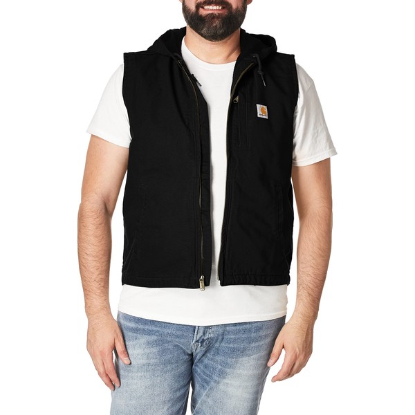 Carhartt Men's Relaxed Fit Washed Duck Fleece-Lined Hooded Vest, Black, X-Large