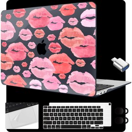 MEEgoodo for MacBook Air 13.3 inch Case 2021 2020 2019 2018 A2337 M1 A2179 A1932, Laptop Shell for MacBook Air M1 with Keyboard Webcam Cover & Trackpad Film & Type C Adapter,Red & Pink Lips