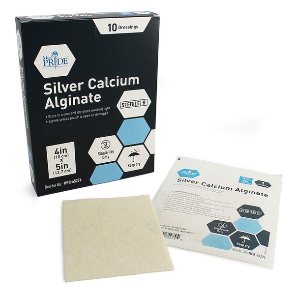 Medpride Silver Calcium Alginate Wound Dressing Pads| 4” x 5” Patches, 10-Pack| Antimicrobial, Non-Stick Padding, Sterile, Highly Absorbent & Comfortable|