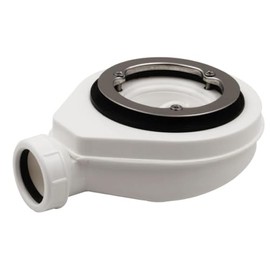 Drain valve for shower trays, siphon for shower tray, diameter 140 mm, retaining ring made of shiny stainless steel with attachment by 3 screws, with waste bin