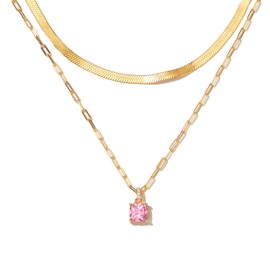 STORYJEWELLERY October Birthstone Layered Pink Necklaces for Women with Dainty Cubic Zirconia Charm, 18K Gold Plated Paperclip Snake Chain Herringbone Necklace, Trendy Gold Jewelry, Gifts for Women