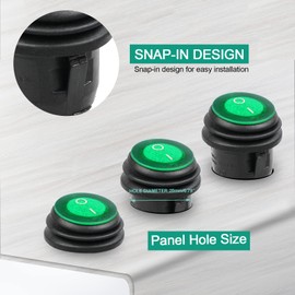 QTEATAK KCD1 On/Off 3-Pin 2-Position Snap 10A/125V, 6A/250V Green LED Waterproof Top and Bottom Round Boat Rocker Switch-2 Pcs