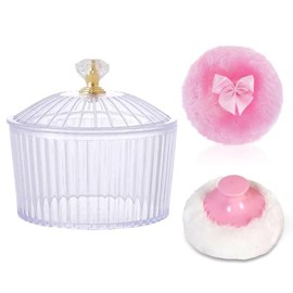 3.6" Acrylic Dusting Powder Container with 2 Powder Puffs – 3.4" Clear Body Powder Box with Handle & Bow Puff, Refillable Powder Jars for Baby, Body, and Face Makeup