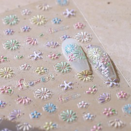 LINMEIZAI Flowers Nail Stickers for Nail Art - Small Flower Nail Art Stickers Spring Cute Floral Daisy 5D Embossed Nail Decals Self-Adhesive Nail Supplies Manicure Sliders Sticker for Nail Decoration