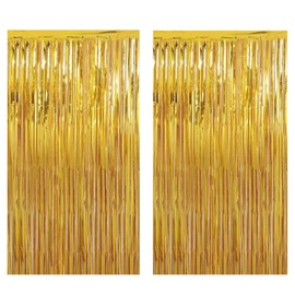 Mcoser Gold Metallic Tinsel Curtains Sparkle Foil Fringe Curtains Door Curtains Hanging Streamers Photo Backdrop for Wedding Birthday Party Decorations (2Pack, 3.2x6.5FT)