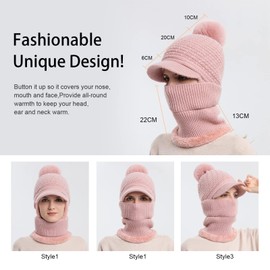 Fleece Lined Womens Beanie Knit Hat,Winter Scarf Mask Set for Women,Girls Snow Caps Earmuffs Hats with Pom (Beige)