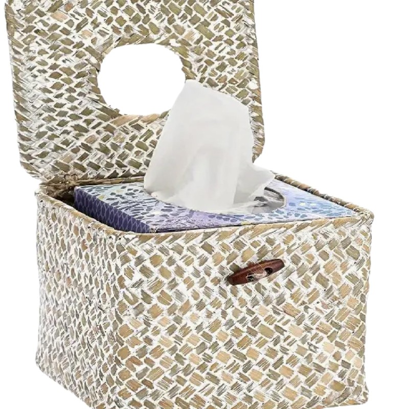 Square Rattan Tissue Box Cover (Whitewash)