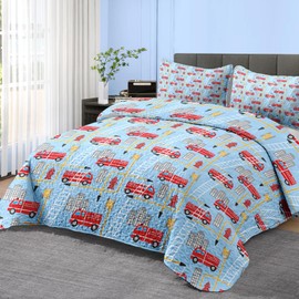 Pamnest Quilt Set Twin Size, Red Fire Trucks Engine 2 Pcs Soft Bed Cover Bedding Set for Kids and Adults, Fire-Fighting Vehicle Lightweight Bedspread Coverlet with Pillow Sham for All Season