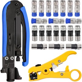 Taiss Compression Pliers Set Stripping Tool Coaxial Cable Crimping Tool Kit with 20 Pieces Compression F Connector RG6 RG59 RG7 RG11 for Coaxial Cable F-070-BU-Y