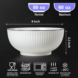 Hesen 60 oz Large Soup Bowl, Pho Bowls Set of 3, 8 in Off White Porcelain Pho Soup Bowls