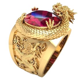 Dragon Ring for Men, Norse Viking Dragon Head Ring, Red Crystal Dragon Ring, Gold Dragon Totem Amulet Ring, Retro Domineering Dragon Rings, Punk Animal Dragon Jewelry (V1/2)