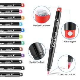 YISAN Magnetic Whiteboard Pens Ultra Fine Tip, Dry Wipe Pens, Whiteboard Marker 0.7 mm Extra Fine with Erasers, 12 Colours with Low Odour,70566