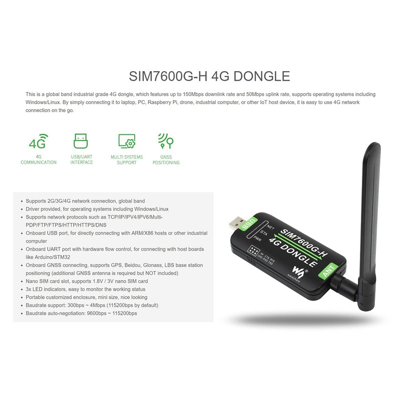 Waveshare SIM7600G-H 4G DONGLE with Antenna with Industrial Grade 4G