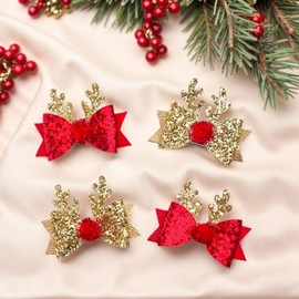 4 Pcs Christmas Hair Clips Xmas Bow Hair Accessories Cute Reindeer Antlers Glitter Sequins Holiday Headdress Hairpin Barrettes for Girls Women Kids Party Cosplay Gifts