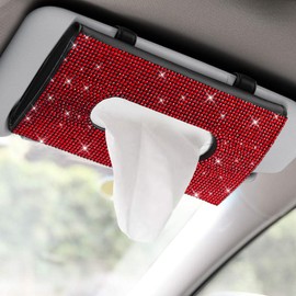 HQRNYP Bling Car Sun Visor Tissue Box Holder, Visor Accessories, Rhinestone PU Leather Crystal Sparkling Napkin Holder, Auto Sun Visor Paper Towel Cover Case Accessories for Most Cars (Red)