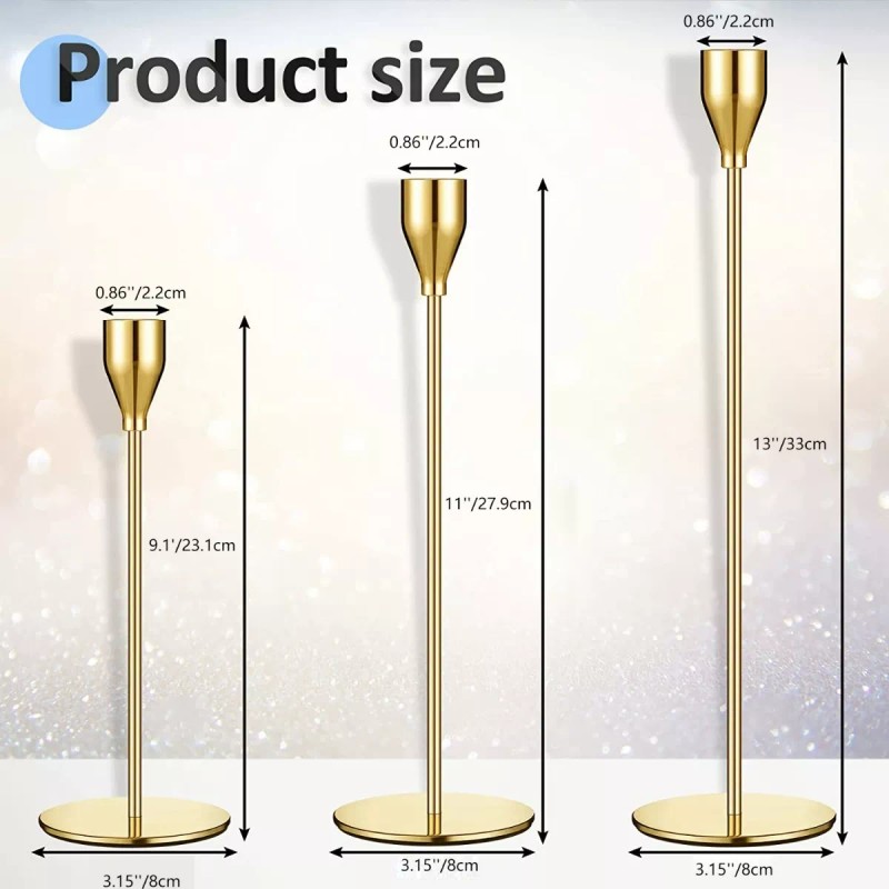 Set De 3 Candelabros De Metal Para Velas Cónicas Boda