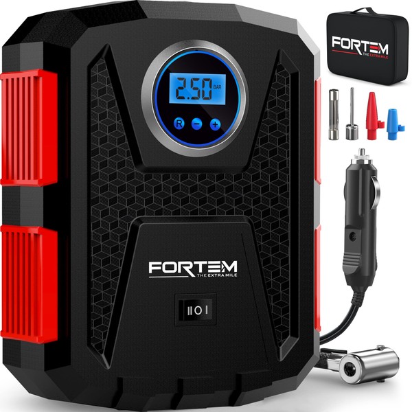FORTEM Tire Inflator Portable Air Compressor 150 PSI, Bike Pump, 12V Electric Pump for Car Tires and Bicycles w/LED Light, Digital Tire Pressure Gauge w/Auto Pump/Shut Off, Carrying Case (Red)