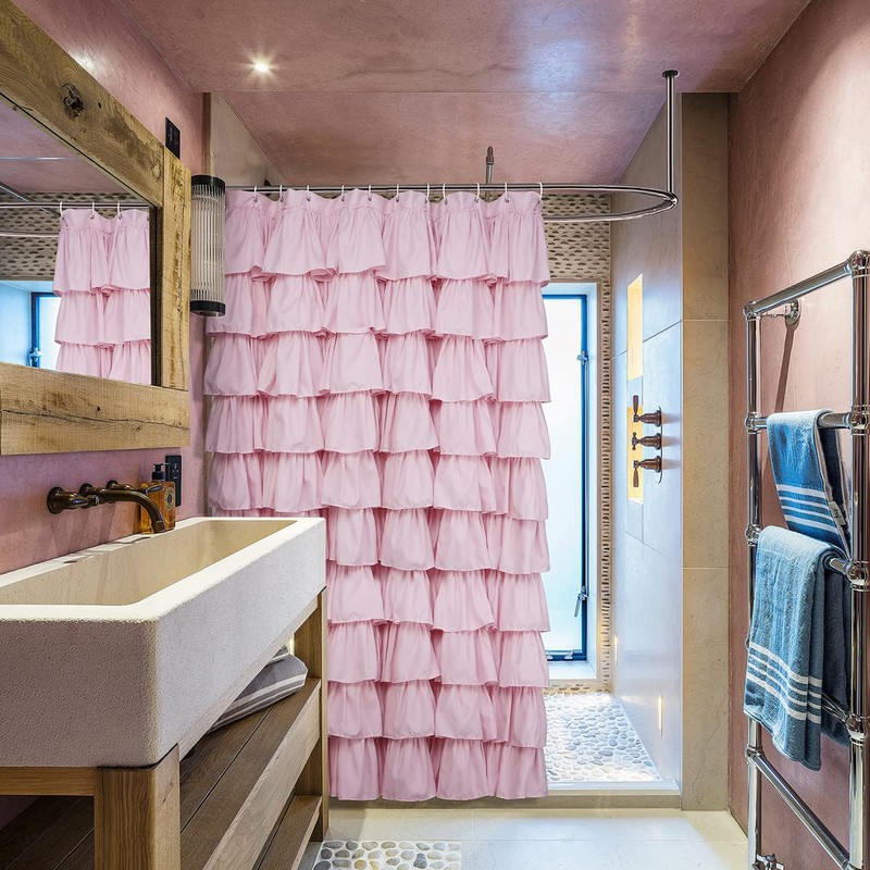Volens Pink Ruffle Shower Curtain Farmhouse/Rustic Fabric Cloth Shower Curtains