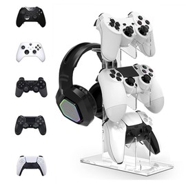 Game Controller Holder, 3 Tier Controller Holder and Headset Stand, Universal Dual Controller Stand, Gamepad Stand, Acrylic Clear Controller Display Stand Anti Slip for Desk Organization Storage