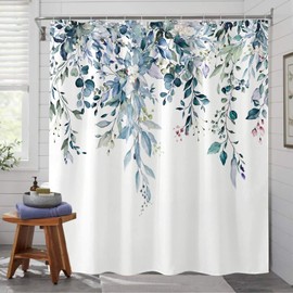 kampdream Teal Blue Plant Shower Curtain, Watercolor Eucalyptus Leaves On The Top Botanical Bathroom Shower Curtain 72 ×72 Inch