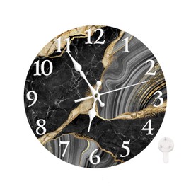 WWOOPLL Round Wall Clock Silent Non-Ticking Clock 12 Inch/30 CM, White and Golden Marble Home Decor for Living Room, Bathroom, Bedroom, Kitchen, Office and School