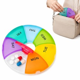 7 Day Pill Box Organiser Round Compact Travel Pill Box, Multi-Coloured Portable Weekly Medication Dispenser Container for Pocket & Purse – Pill Box