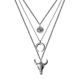RUIFUU Boho Layered Necklace Women's Vintage Cowboy Cowgirls Western Necklaces Evil Eye Bull Head Multi-Layer Necklace Fashion Pendant Necklace Jewelry (Silver)