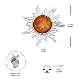 AMBEDORA Ladies Silver Brooch Sun with Amber Polished Sterling Silver Baltic Amber in Cognac Colour, Sterling Silver, Amber