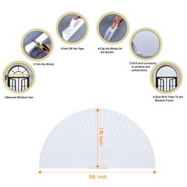 Arch Window Shade Half Circle Arched Non-Woven Stick on Cut to Size self Adhesive Light Filtering Half Moon Round Window Covering Pleated Blinds for Front Door (1, White, 36 x 18 Inches)