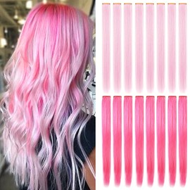 MQY COLOR 16 PCS Multi Colored Hair Extensions Clip in Kids Pink Hairpieces Party Highlights DIY Pink Hair Accessories for Girls Women 21 Inches Long Hair (Pink,Light pink)