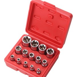 E Torx Socket Set, 14 Pieces, Star Shape Flower Type E-Type Socket, E-Torx, Screw-Remover, Car Repair Tool, E4, E5, E6, E7, E8, E10, E11, E12, E14, E16, E18, E20, E22, E24 with Storage Case (Red)