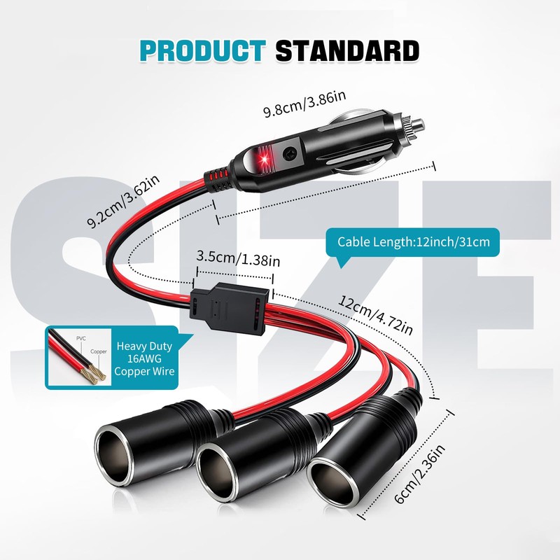 Car cigarette Lighter Splitter, ROÉKO1 to 3 DC 12V 24V