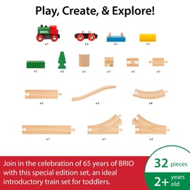 BRIO Classic 65th Anniversary Wooden Train Set - 32-Piece FSC-Certified Wood Train Set - Includes Wooden Trains, Wagons, Bridge & Tracks - Compatible Classic - Kids Ages 2 & Up