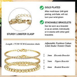 YADOCA 18Pcs Gold Stackable Bracelets For Women 14K Gold Plated Link Chain Beaded Bracelet Stack Paperclip Cuban Figaro Chain Bead Tennis Gold Layered Bracelet Jewelry Set Adjustable