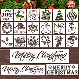 21pcs Christmas Stencils, Plastic Merry Christmas Stencil Reusable Vintage Xmas Stencils for Painting on Wood Reindeer Christmas Tree Santa Claus Holiday Drawing Template for Door Mat Window