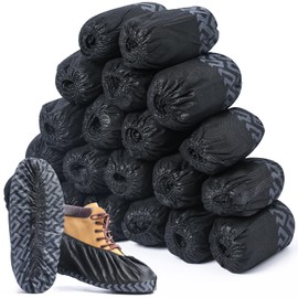 ioiopeak Disposable Black Shoe Covers 200 Pack (100 Pairs) - Durable, Non-Slip, Water Resistant, and Recyclable Boot Covers for Indoor and Outdoor Use - One Size Fits Most (Non-woven-Black)