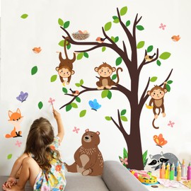 Purekay Wall Sticker Jungle Animals Large Tree Wall Sticker Bear Monkey Koala Wall Sticker Baby Room Nursery Bedroom Living Room Wall Decoration