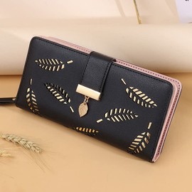 OFKP Women's Wallet, Women's Long Fashion Large Capacity Hollow Leaf Wallet, Multifunctional Ladies Purse with Zip Around Card Checkbook Passport Organizer