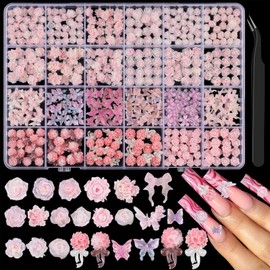460 Pieces Dreamy Rose Camellia Flower Nail Charms 3D Cute Butterfly Bow Charms for Nails, Pink Black Stamen Nail Supplies for Women Nail Art Design DIY Crafts Jewel Accessories (Pink)