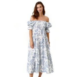 NOTHING FITS BUT Kiko Baby Shower Maternity Gown, Women’s Cotton Classic Linen Smocked Nursing Dress, Short Puffed Sleeves, Off Shoulder, Square Neckline, Shirred Bust, Calf-Length, Paris, XS