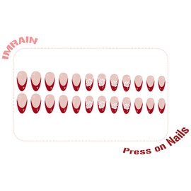 IMRAIN Medium Almond Press on Nails Red French Tip Fake Nails White Flower False Nails Glossy Glue on Nails Artificial Acrylic Full Cover DIY Stick on Nails for Women Nail Supplies 24Pcs