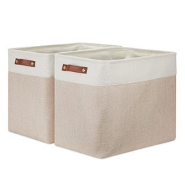 DULLEMELO Extra Large Storage Baskets, Fabric Storage Bins for Organizing Shelves Nursery Toys Books, Closet Baskets and Bins with Handles, White&Khaki, 2-Pack