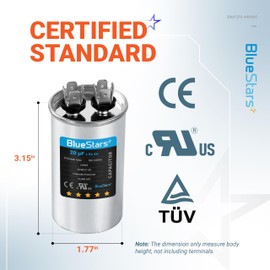 [UL Certified] BlueStars 20 uF MFD uf ± 5% MFD 370 V VAC or 440 Volt CBB65 Multi-Purpose Motor Run Round Capacitor 10000AFC - Compatible for Air Conditioner or Heat Pump Condenser