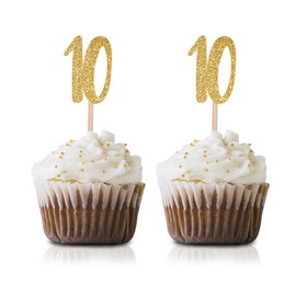 Gold Happy 10th Birthday Cupcake Topper, 24-Pack Number 10 Glitter Birthday Party Cupcake Toppers, Decorations