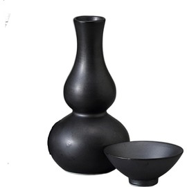 Ale-net Sake Set Tokuri Ochoko Set 2.8 x 5.5 inches (7 x 14 cm), Approx. 63.0 fl oz (160 cc), W/B Black Mat, Hisago Tokuri & Guinomi (2 Pieces) Set, Pottery, Mino Ware