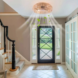 Rattan Caged Flush Mount Ceiling Fans with Lights and Remote For Living Room