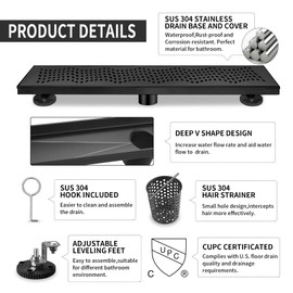 BAUNVB Linear Shower Drain 36 Inch Rectangular, Professional Black 304 Stainless Steel Shower Drain, 51L/Min Fast Drainage Floor Linear Drain, US Standard CUPC Certified, Matte Black, SD-102-36B