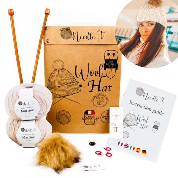Needle It® Knitting Set Hat Complete Ecru - Wool Hat for Knitting Yourself for Children and Adults - Complete Set with Needle, Ball and Instructions - French Wool