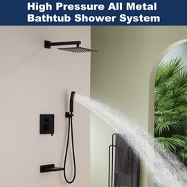 Black Shower System with Tub Spout, All Metal Bathtub Shower Faucet Set with High Pressure 10 Inch Rain Shower Head and Handheld Shower Head Set, Matte Black (Valve Include）